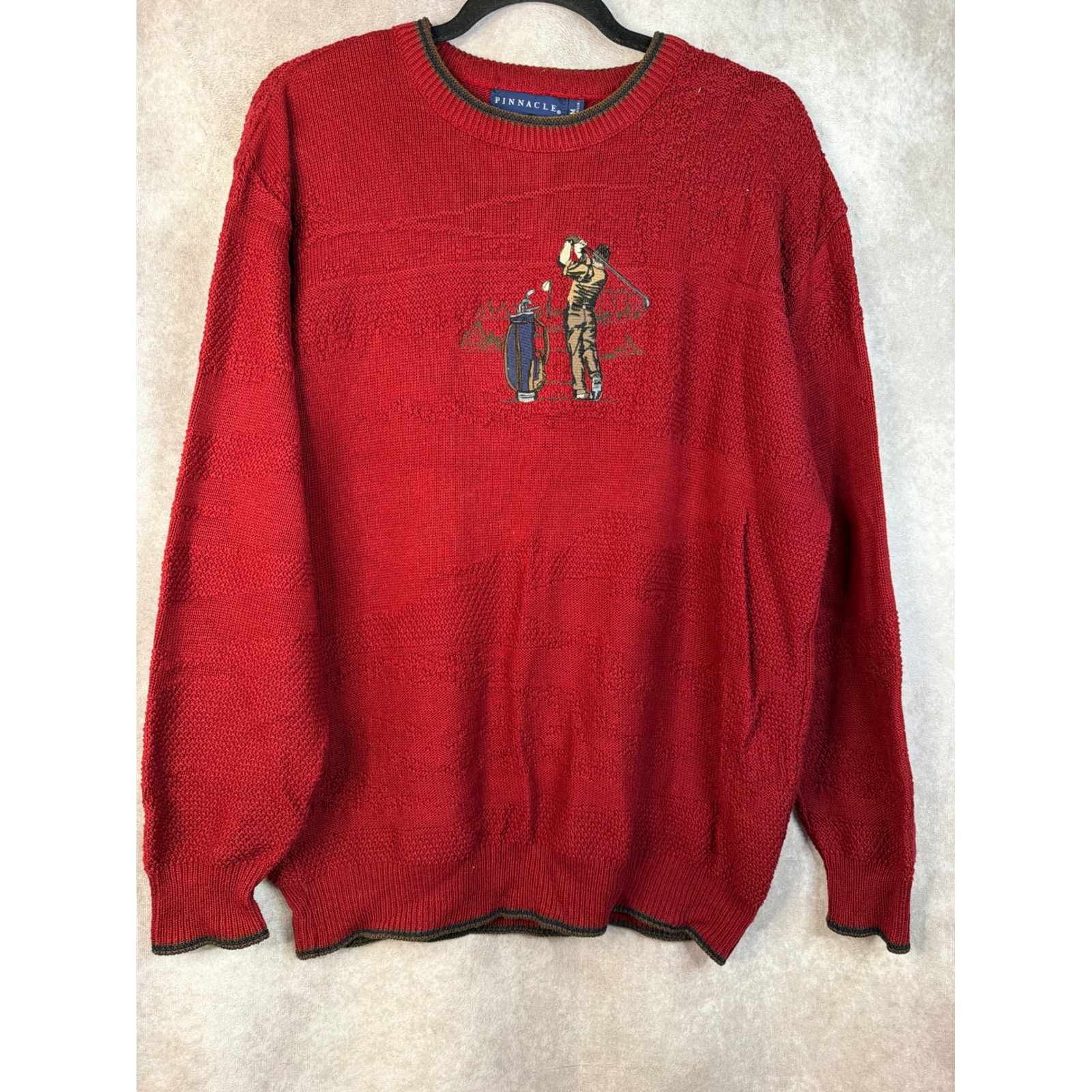 Vtg Pinnacle Crewneck Knit Sweater Maroon Mens Medium Embroidered Golfer